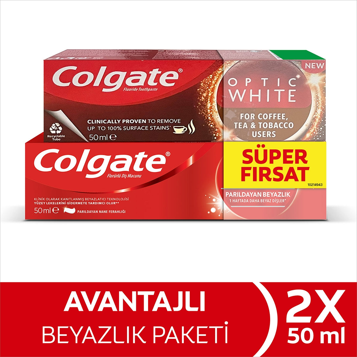 Diş Macunu Optic White Çay,Kahve 50 ml+Parıldayan Beyazlık 50 ml