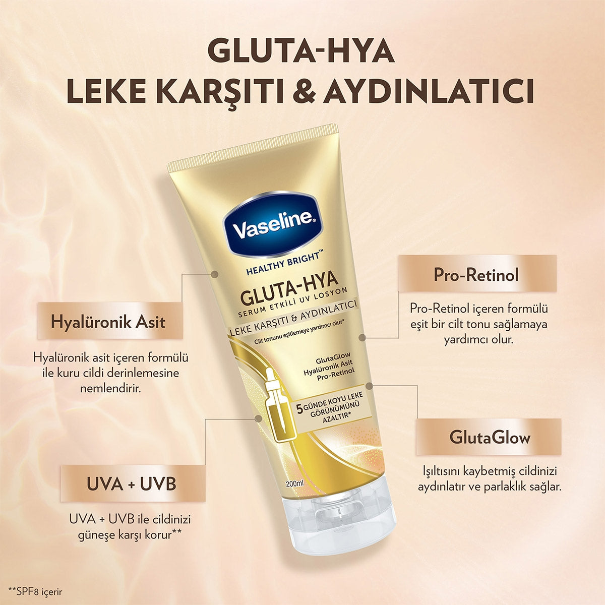 Gluta Hya Serum Etkili UV Losyon Leke Karşıtı ve Aydınlarıcı 200 ml