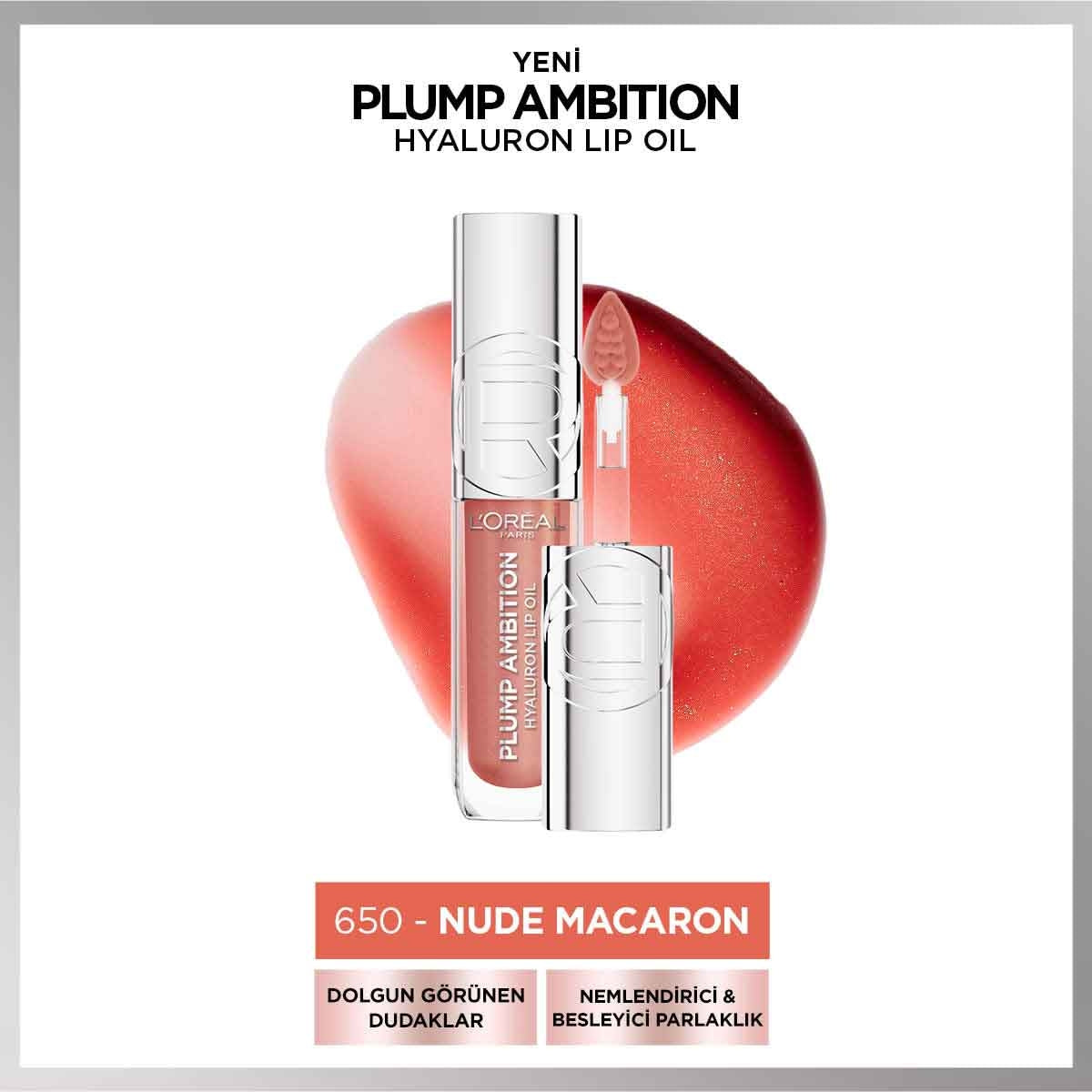 L’Oreal Paris Plump Ambition Hyaluron Lip Oil Besleyici ve Nemlendirici Dudak Parlatıcısı 650- Nude Macaron